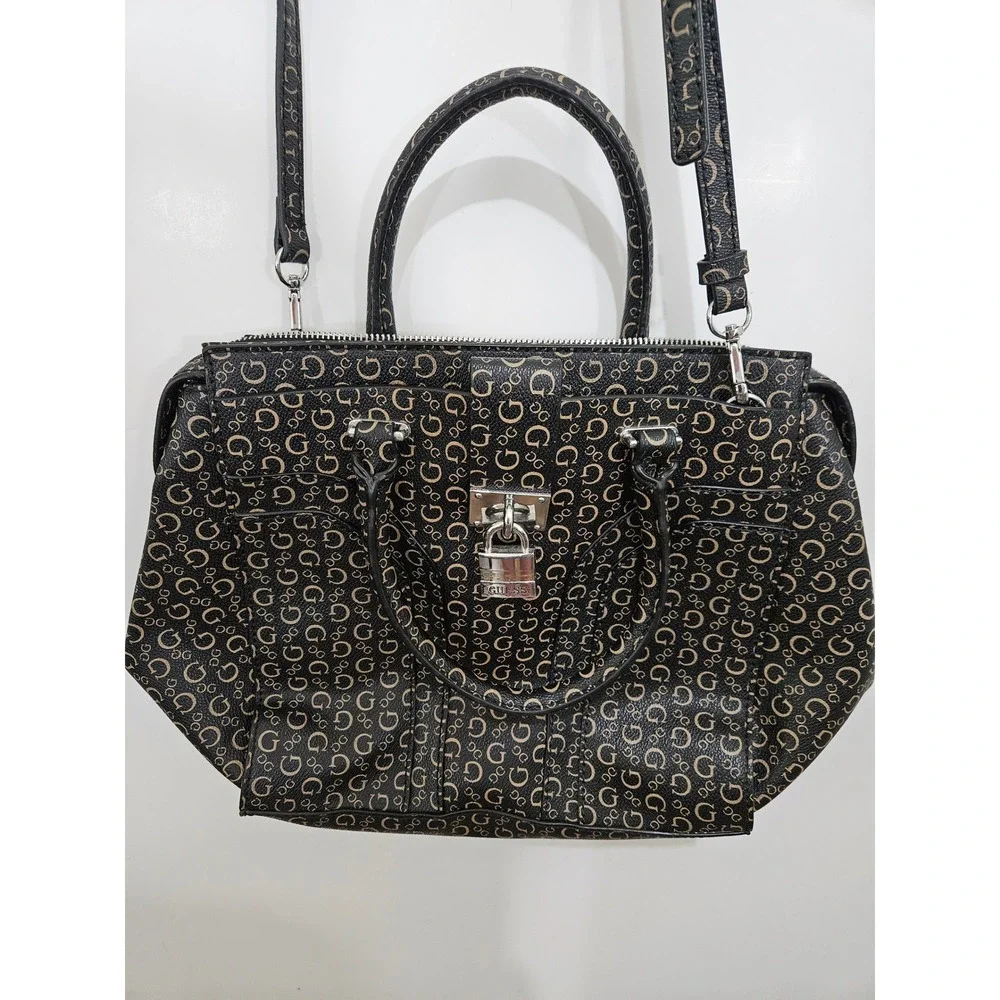 Guess Black Tan Signature G Logo Satchel Handbag Crossbody Padlock Detail Y2K